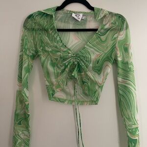 Princess Polly Green and White Fitted Crop Blouse